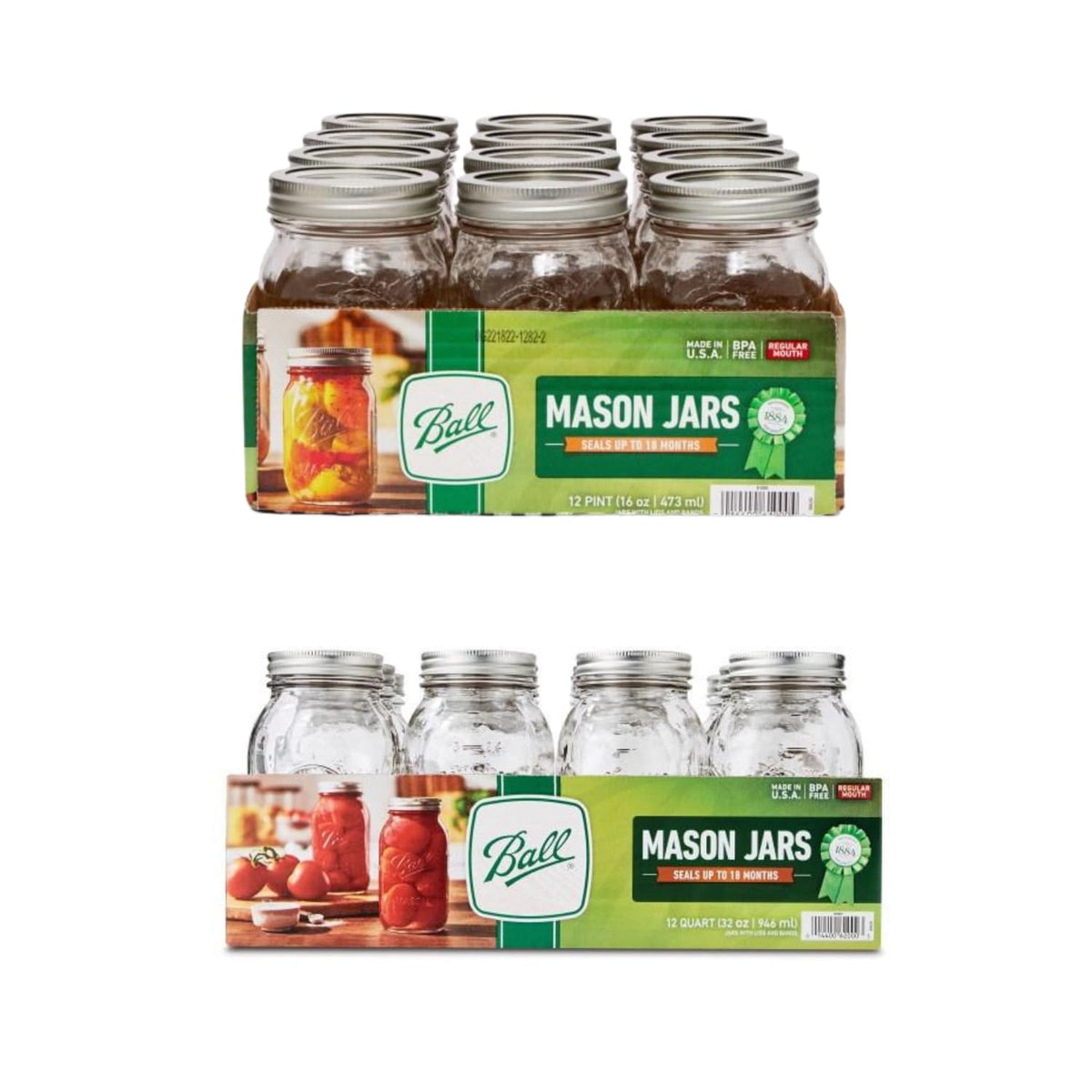 Regular Mouth Glass Mason Jars with Lids and Bands, 12 Pint 16 Ounce + 12 Quart 32 Ounce D46848