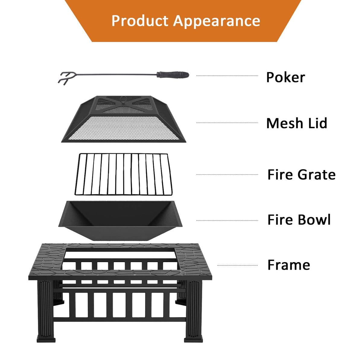 32 Inch Metal Square Outdoor Wood Burning Fire Pit Table K189980
