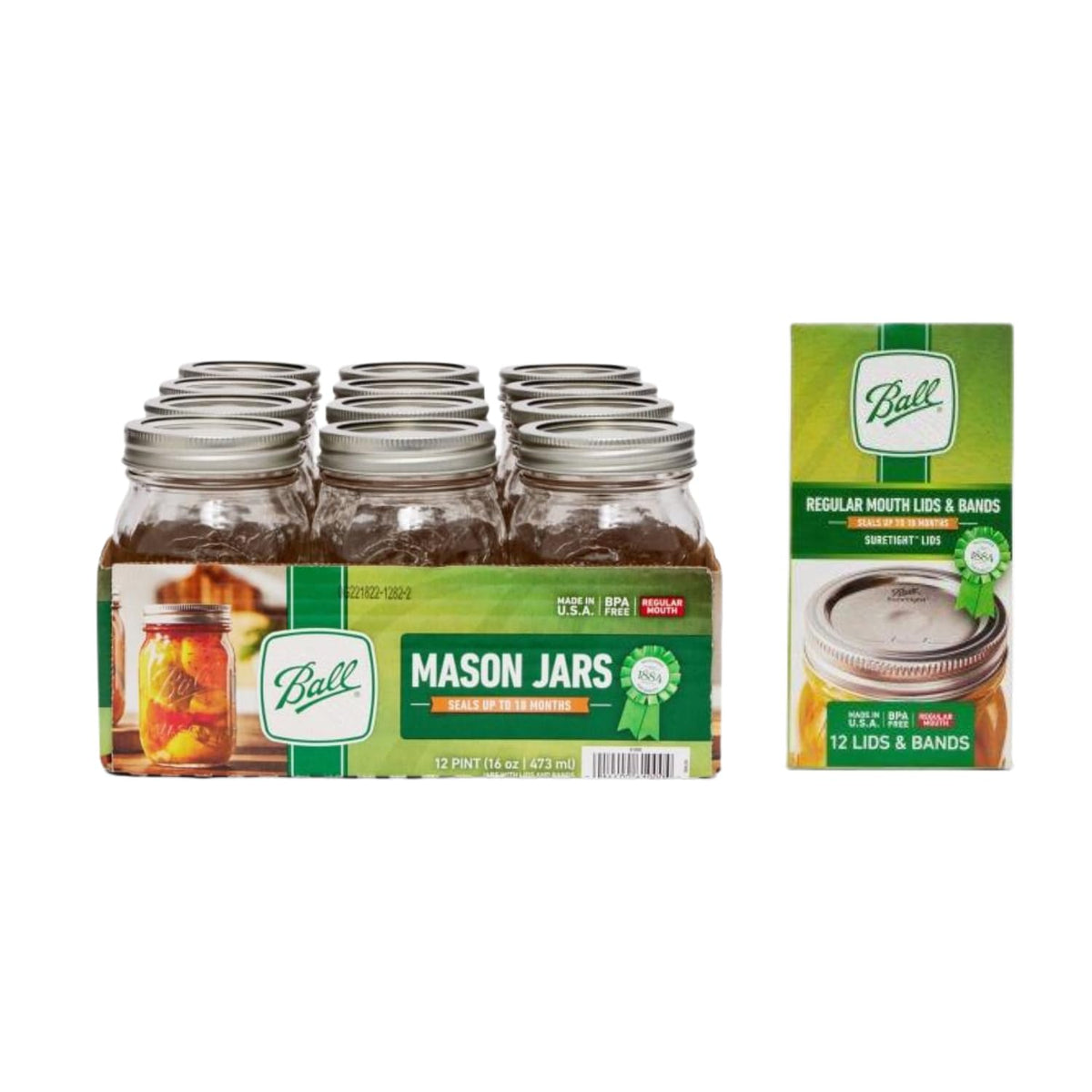 Regular Mouth Glass Mason Jars with Lids and Bands, 12 Pint Size 16 Ounce U43271