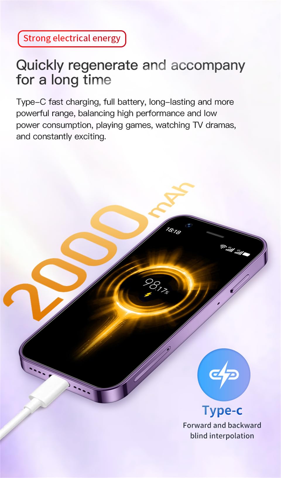 3.0 inch Mini Smartphone 4G LTE Android 10 Quad Core 2000mAh Type-C Dual SIM Purple 3GB RAM 64GB ROM I22502