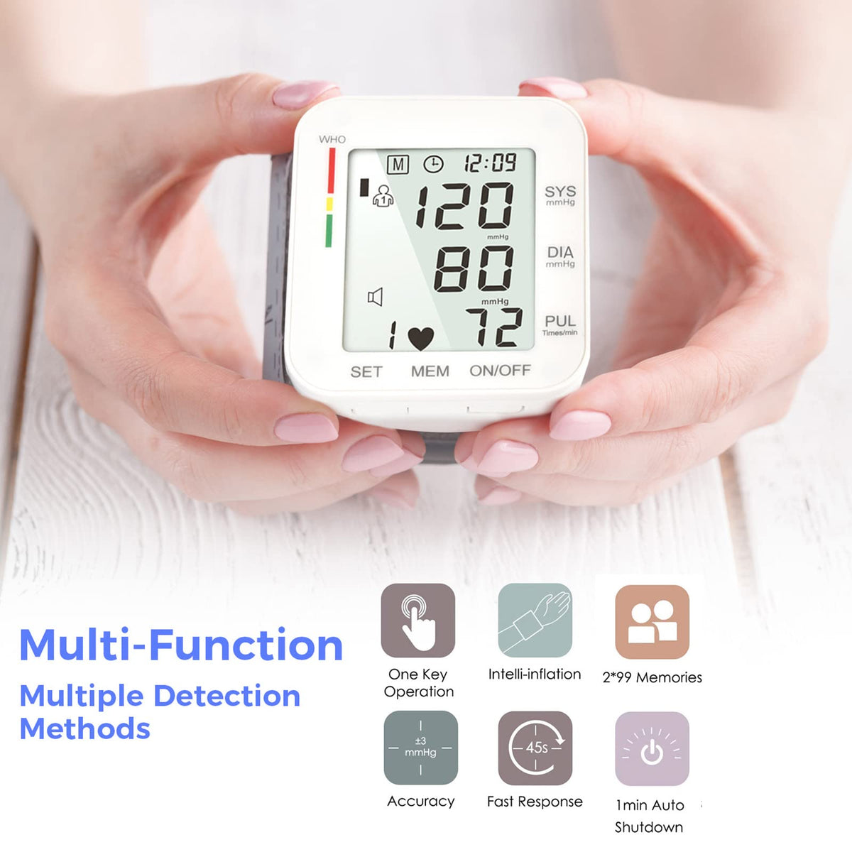 Wrist Blood Pressure Monitor Large LCD Display Adjustable Cuff 99x2 Sets Memory with Carrying Case White Pack of 5 O873