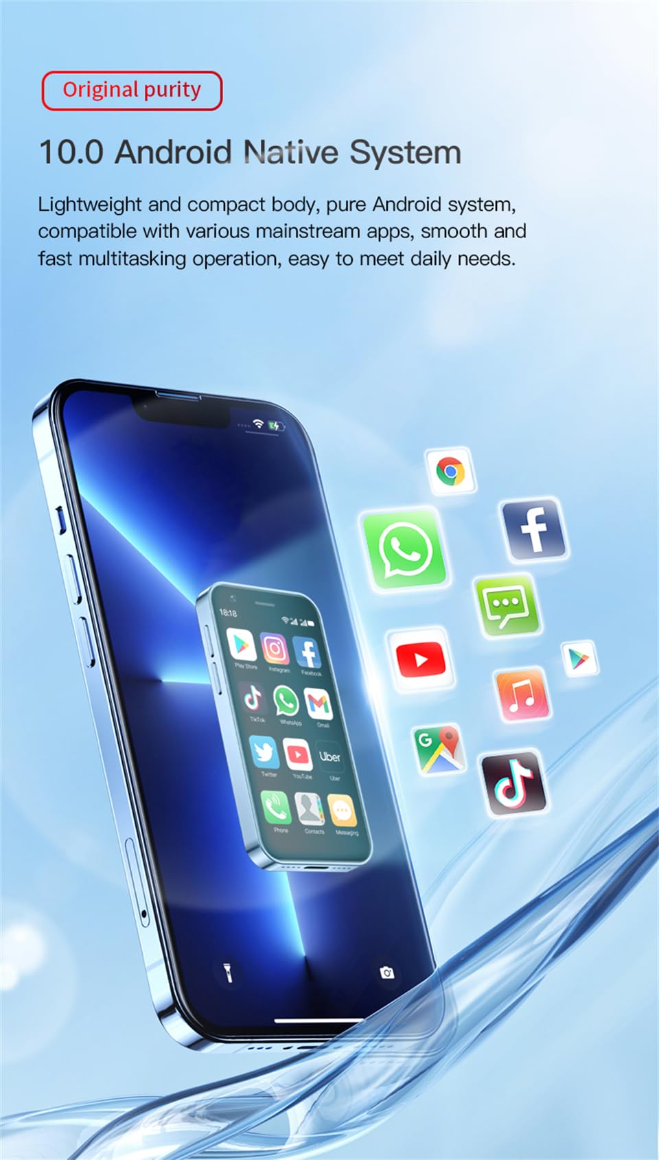 3.0 inch Mini Smartphone 4G LTE Android 10 Quad Core 2000mAh Type-C Dual SIM Purple 3GB RAM 64GB ROM I22502