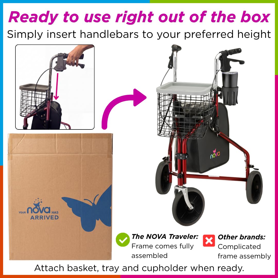 Folding 3-Wheel Walker with Tray Basket Pouch Cup Holder Y522