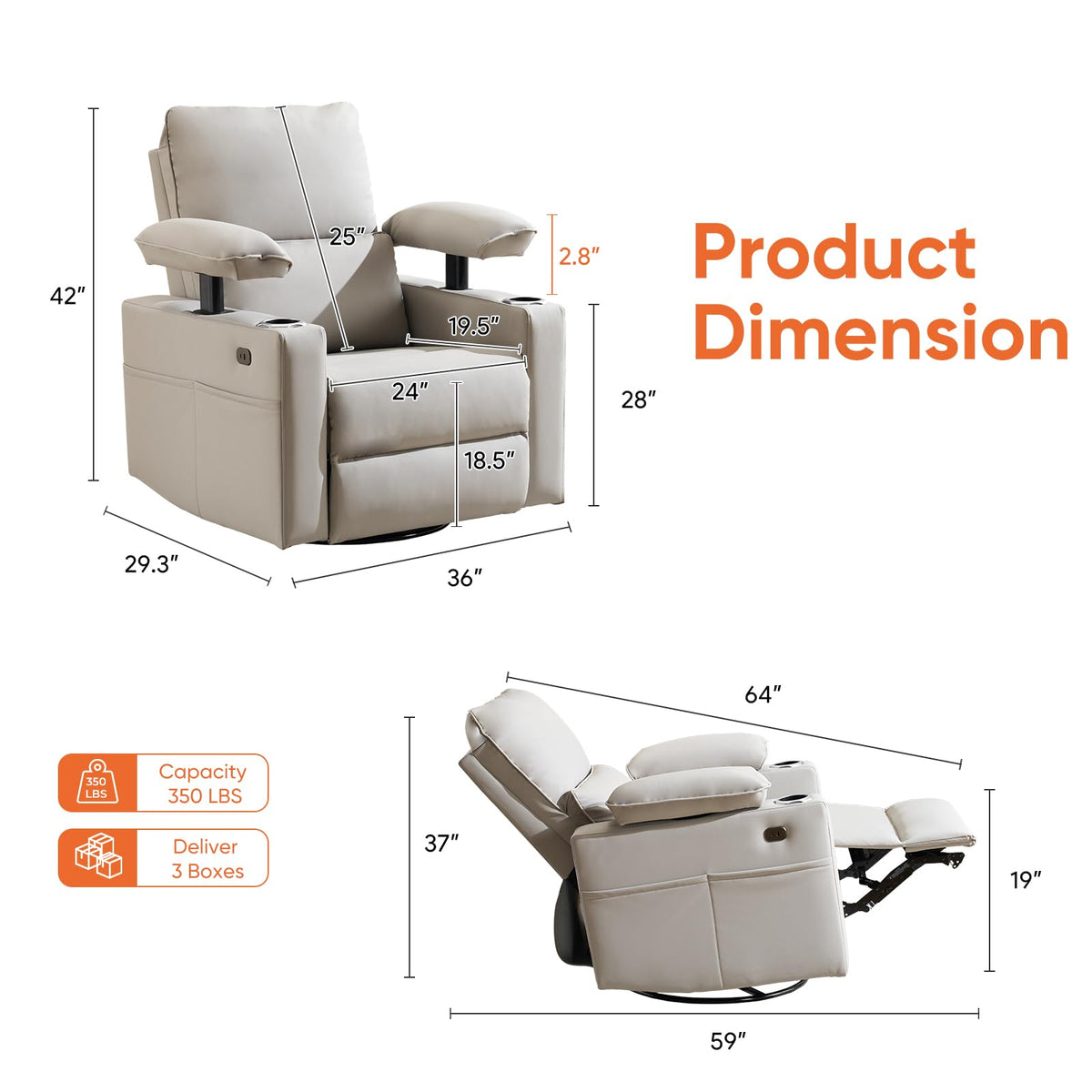 Oversized Power Swivel Rocker Recliner with Heating and Massage, Faux Leather, Grey L487871