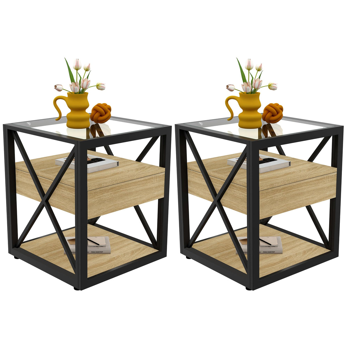 Brown Wood Glass Metal End Table Set of 2 C477