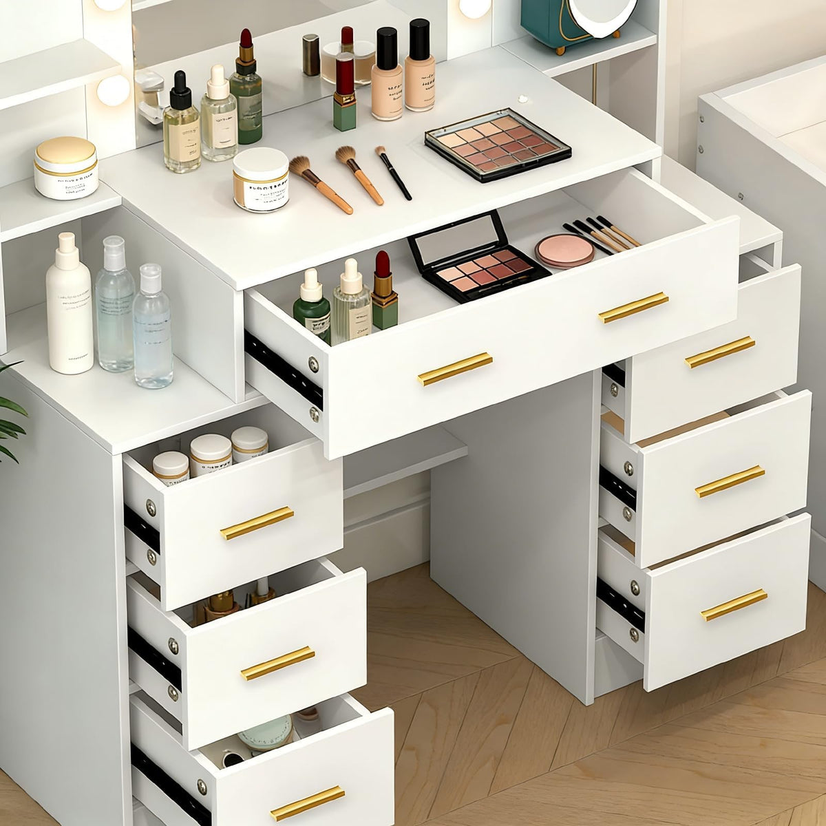Makeup Vanity with Lights and Mirror, 7 Drawers, 6 Shelves, 10 Lights O55090