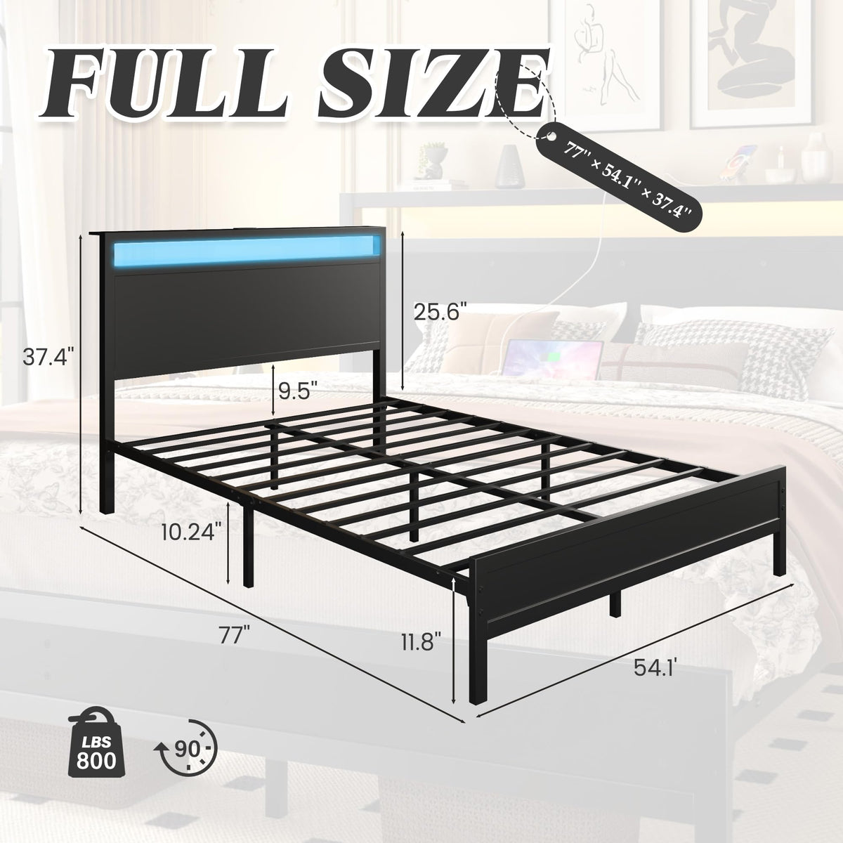 Full Bed Frame with Headboard, Footboard, Charging Station, LED Light, Storage Shelf, Black U744439