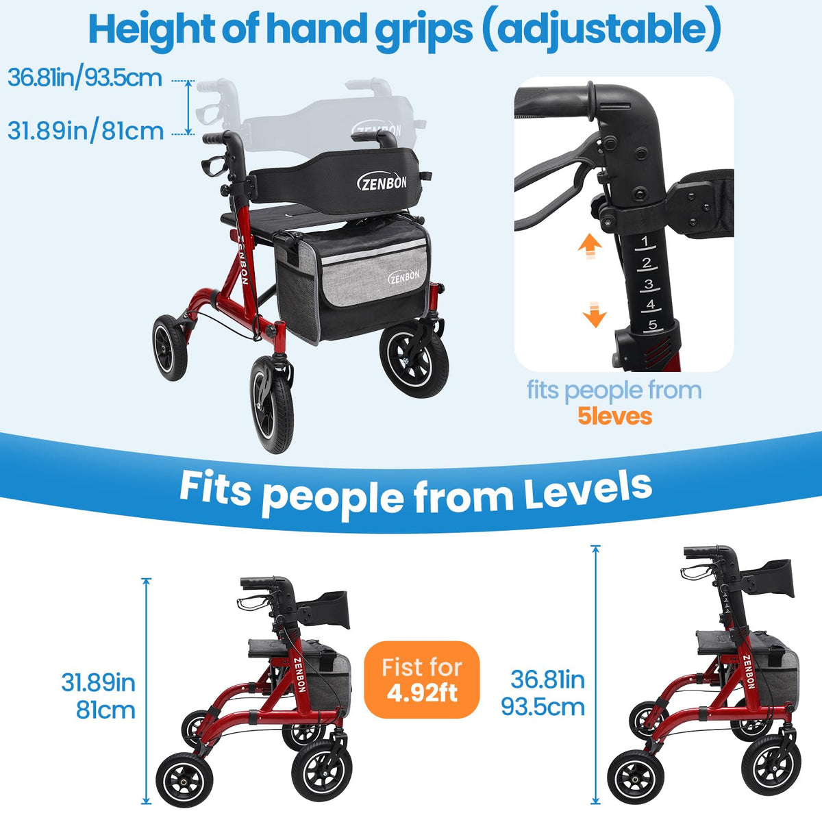 Foldable Rolling Walker with Seat 330 lbs Capacity 10 inch Wheels O7342