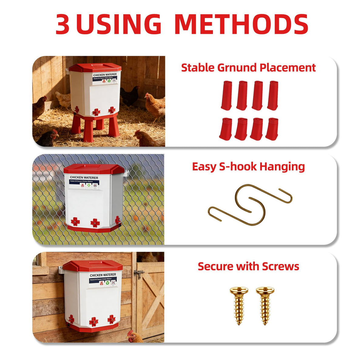 3-Gallon Heated Chicken Waterer with Heater and 4 Nipples T340