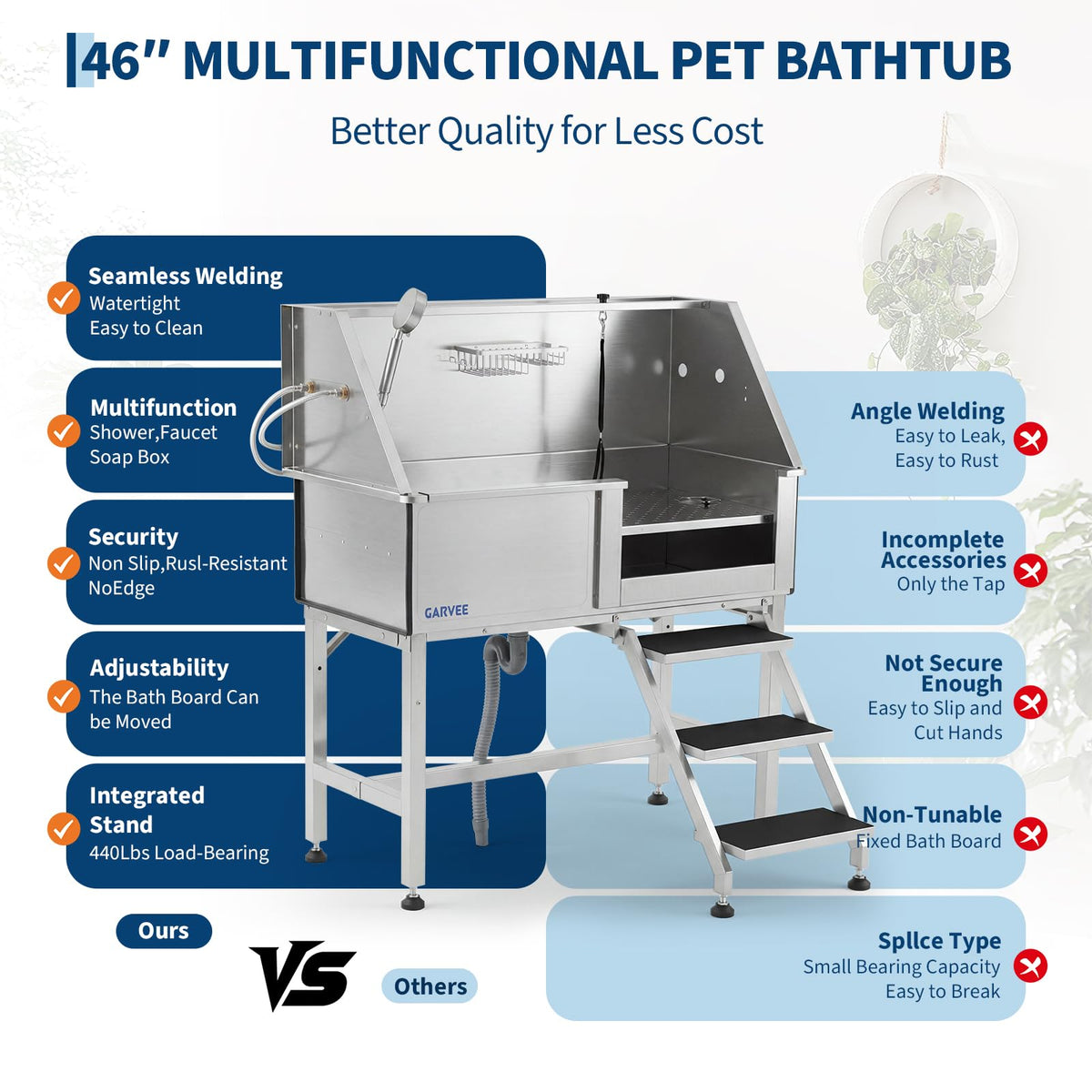 46 Inch Stainless Steel Dog Washing Station with Access Stairs H5155