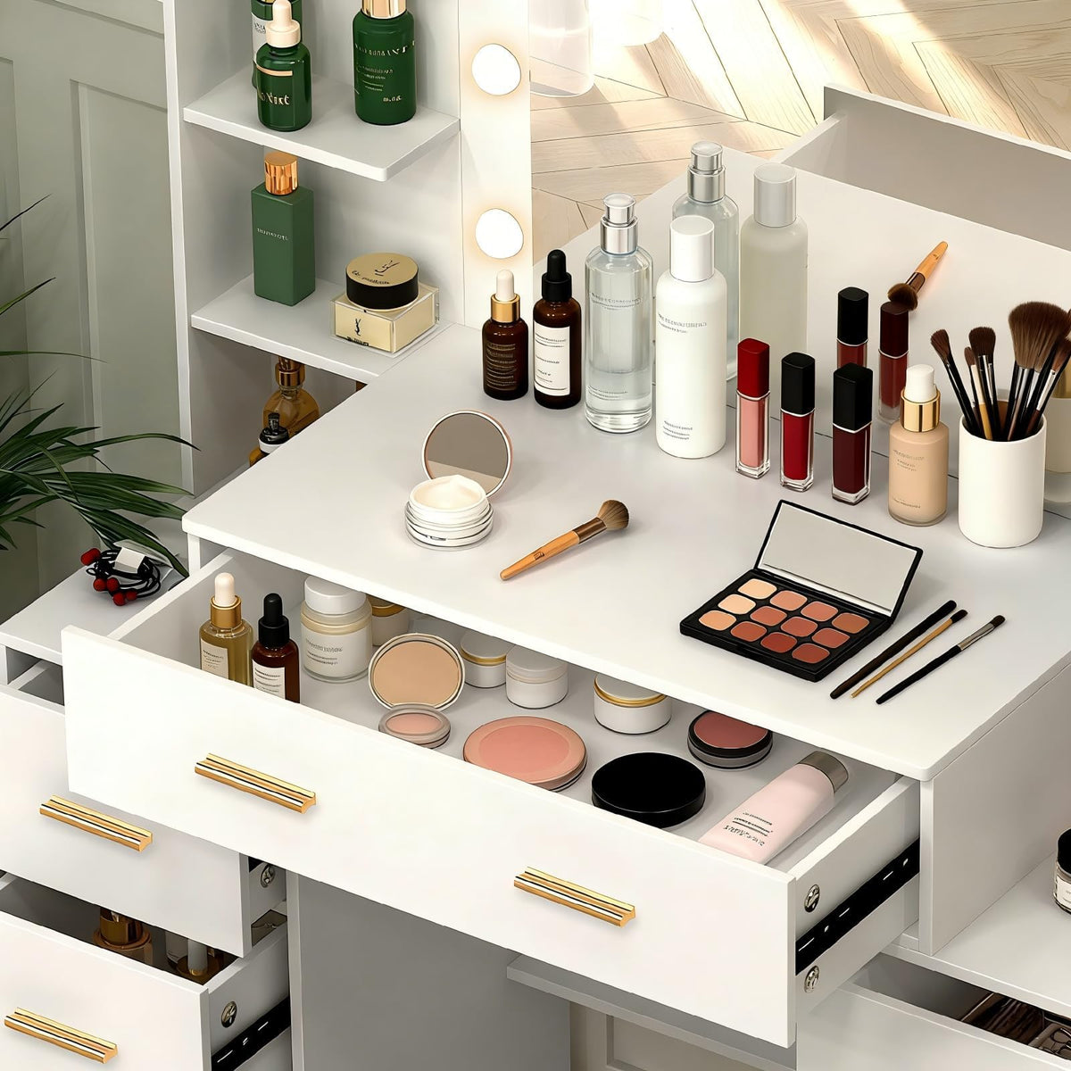 Makeup Vanity with Lights and Mirror, 7 Drawers, 6 Shelves, 10 Lights O55090