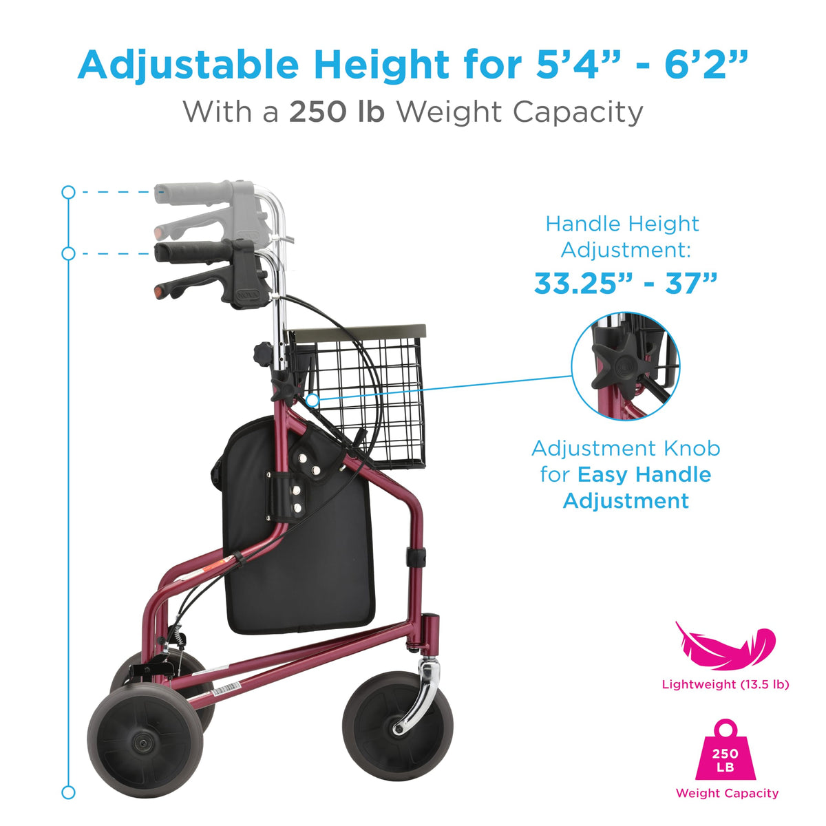 Folding 3-Wheel Walker with Tray Basket Pouch Cup Holder Y522