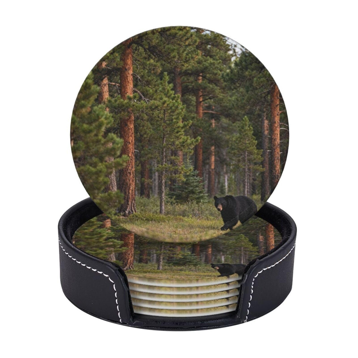 Black Bear Pattern Leather Coasters Set of 6 R2038