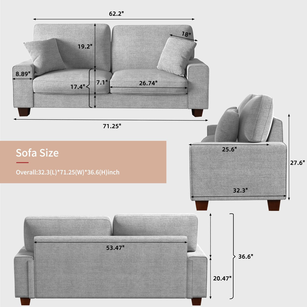 71.25" Light Gray Loveseat Sofa T9120