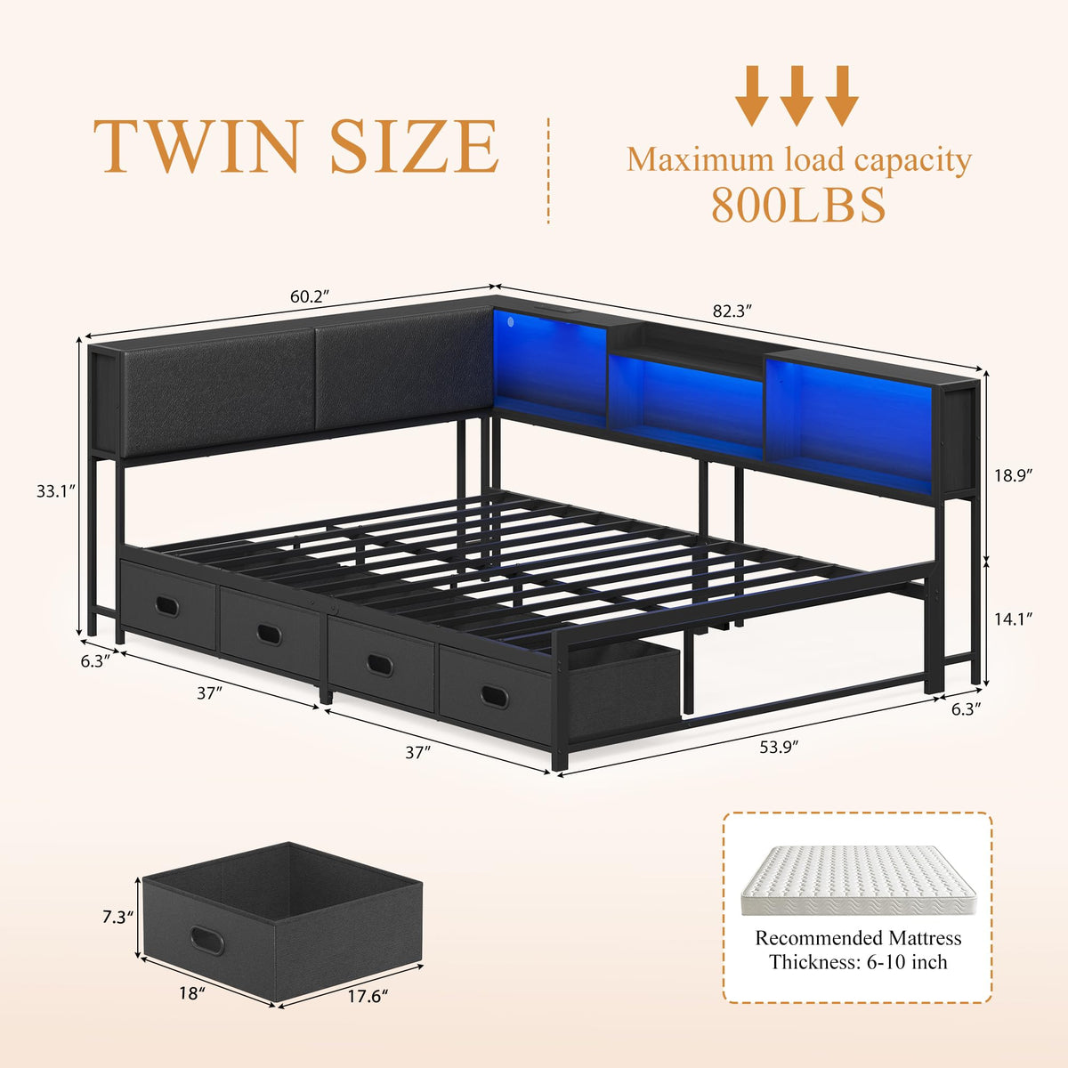 Black Corner Bed Frame with 4 Storage Bookcases O54007