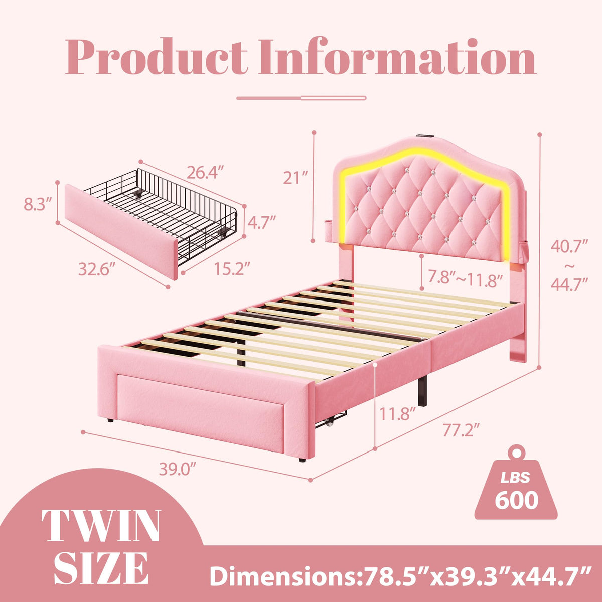 Twin Bed Frame with Adjustable Velvet Upholstered Headboard and Storage Drawers H519674
