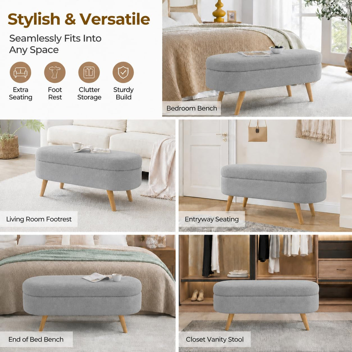 Oval Boucle Storage Ottoman with Wooden Legs B44781
