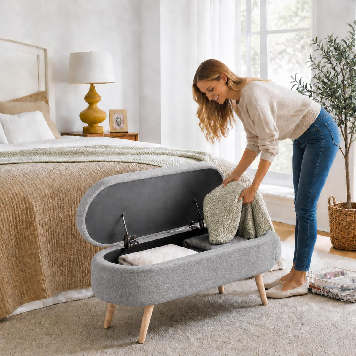 Oval Boucle Storage Ottoman with Wooden Legs B44781