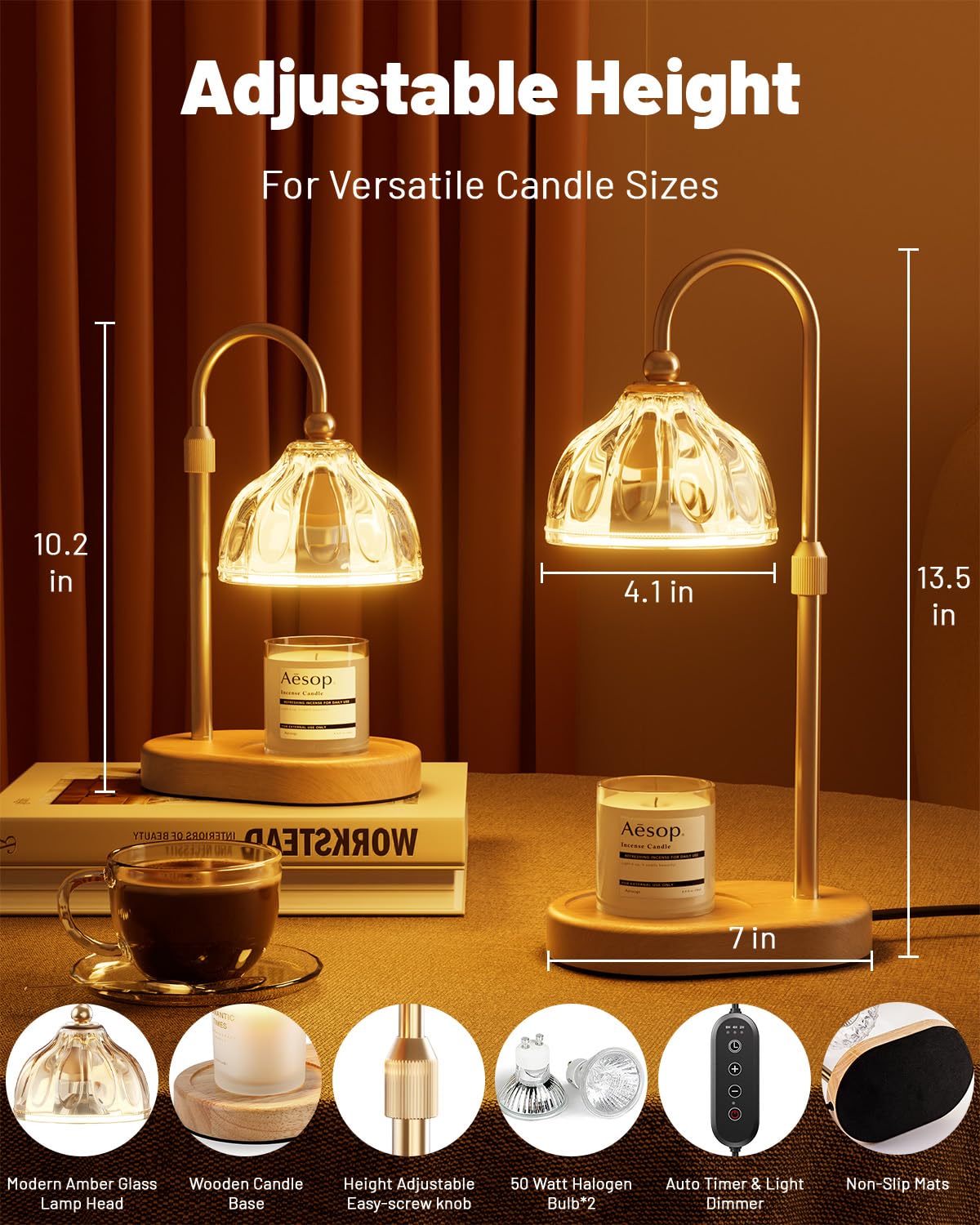 Candle Warmer Lamp with Timer Dimmer, Height Adjustable, Amber Lampshade, 2 Bulbs Y266058