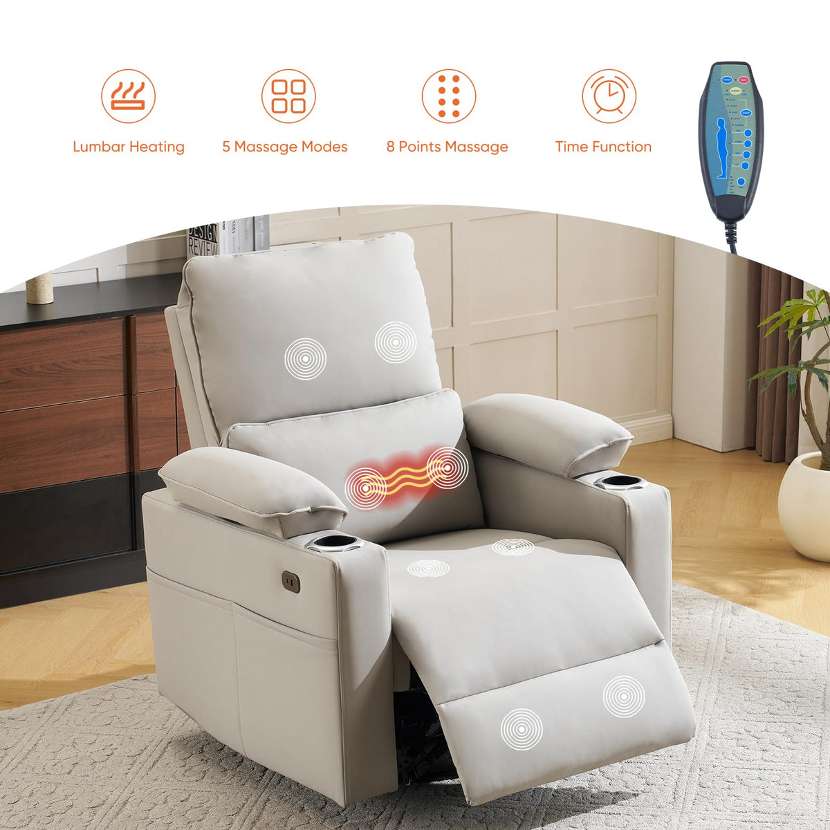 Oversized Power Swivel Rocker Recliner with Heating and Massage, Faux Leather, Grey L487871