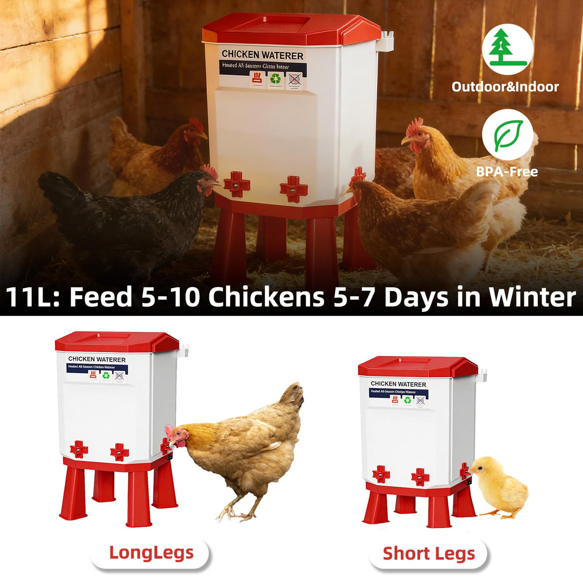 3-Gallon Heated Chicken Waterer with Heater and 4 Nipples T340