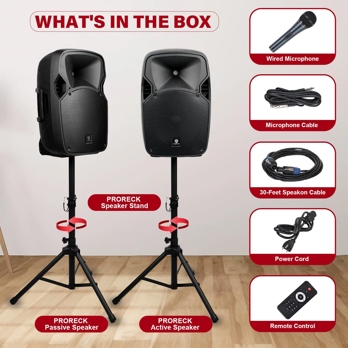 12-Inch 1800W 2-Way Powered PA Speaker System Combo Set with Speaker Stands F581