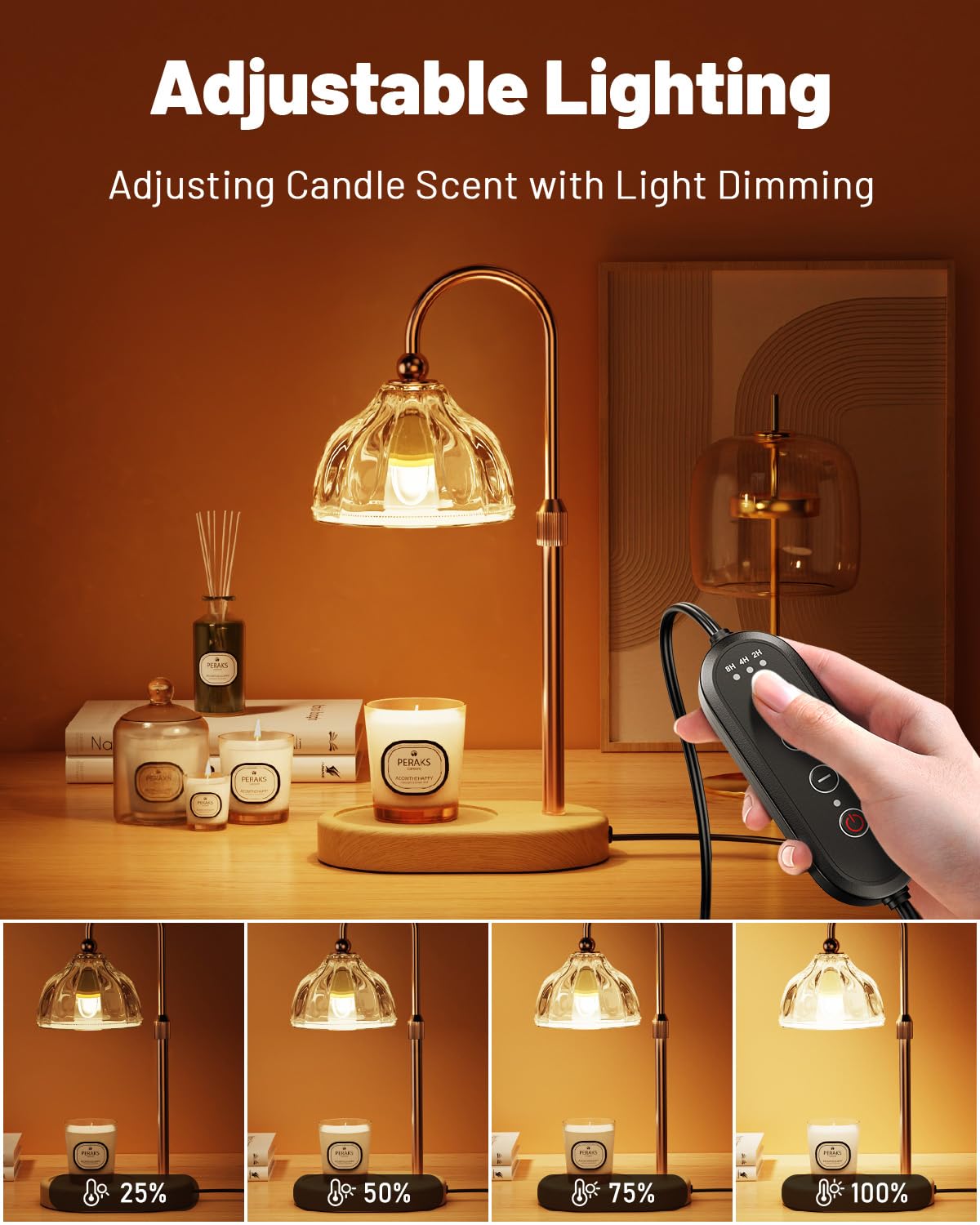 Candle Warmer Lamp with Timer Dimmer, Height Adjustable, Amber Lampshade, 2 Bulbs Y266058
