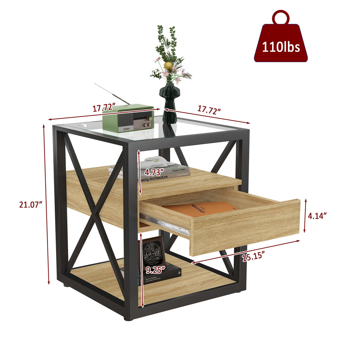 Brown Wood Glass Metal End Table Set of 2 C477