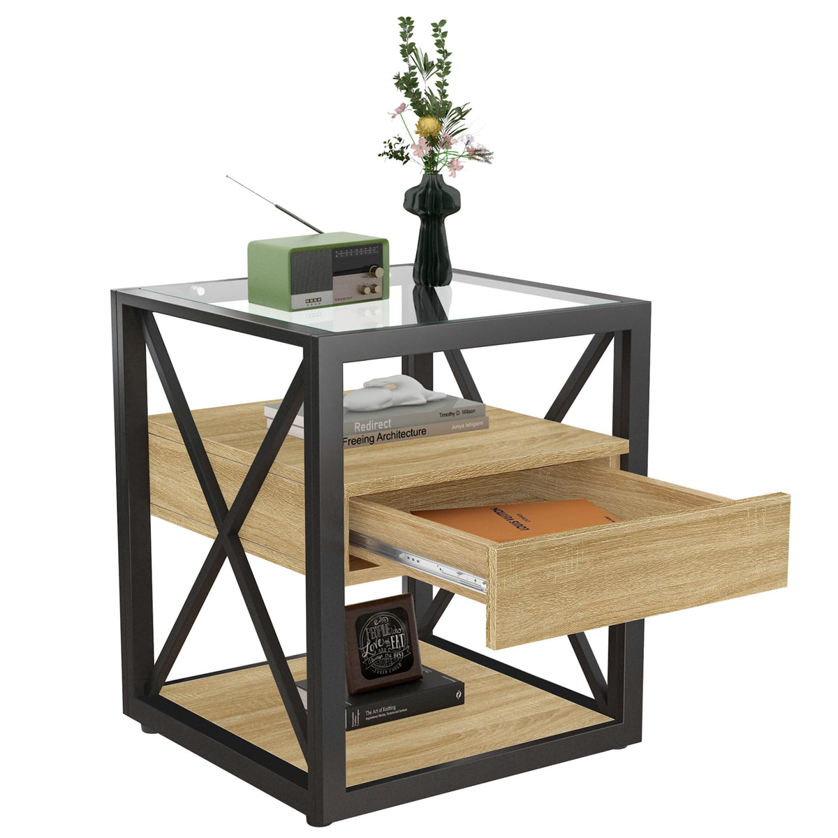Brown Wood Glass Metal End Table Set of 2 C477