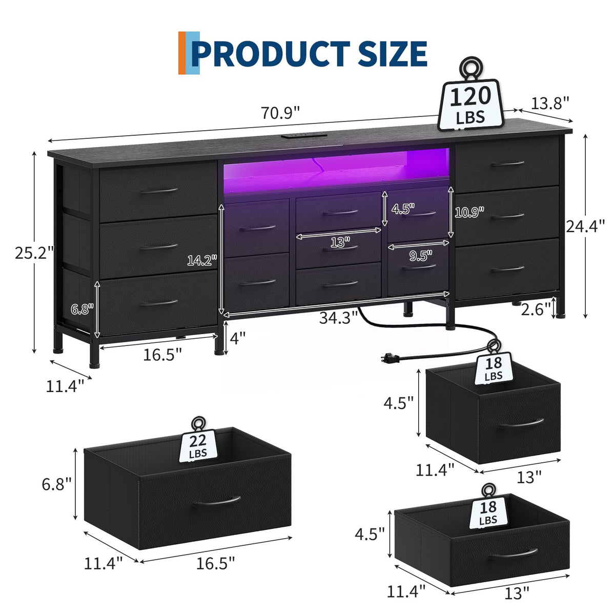 Black 13 Drawer Dresser TV Stand with LED Lights & Charging Station R55809