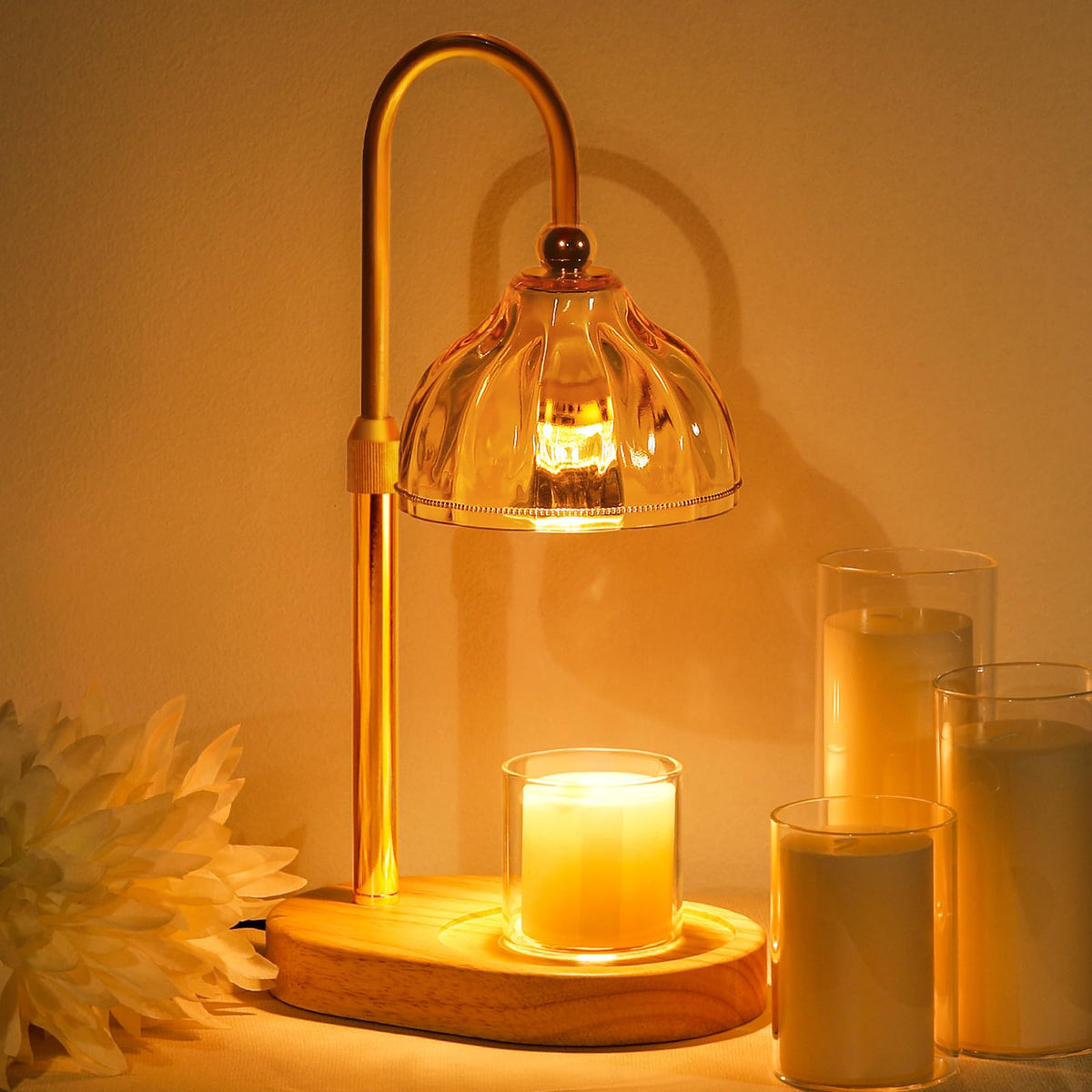 Candle Warmer Lamp with Timer Dimmer, Height Adjustable, Amber Lampshade, 2 Bulbs Y266058