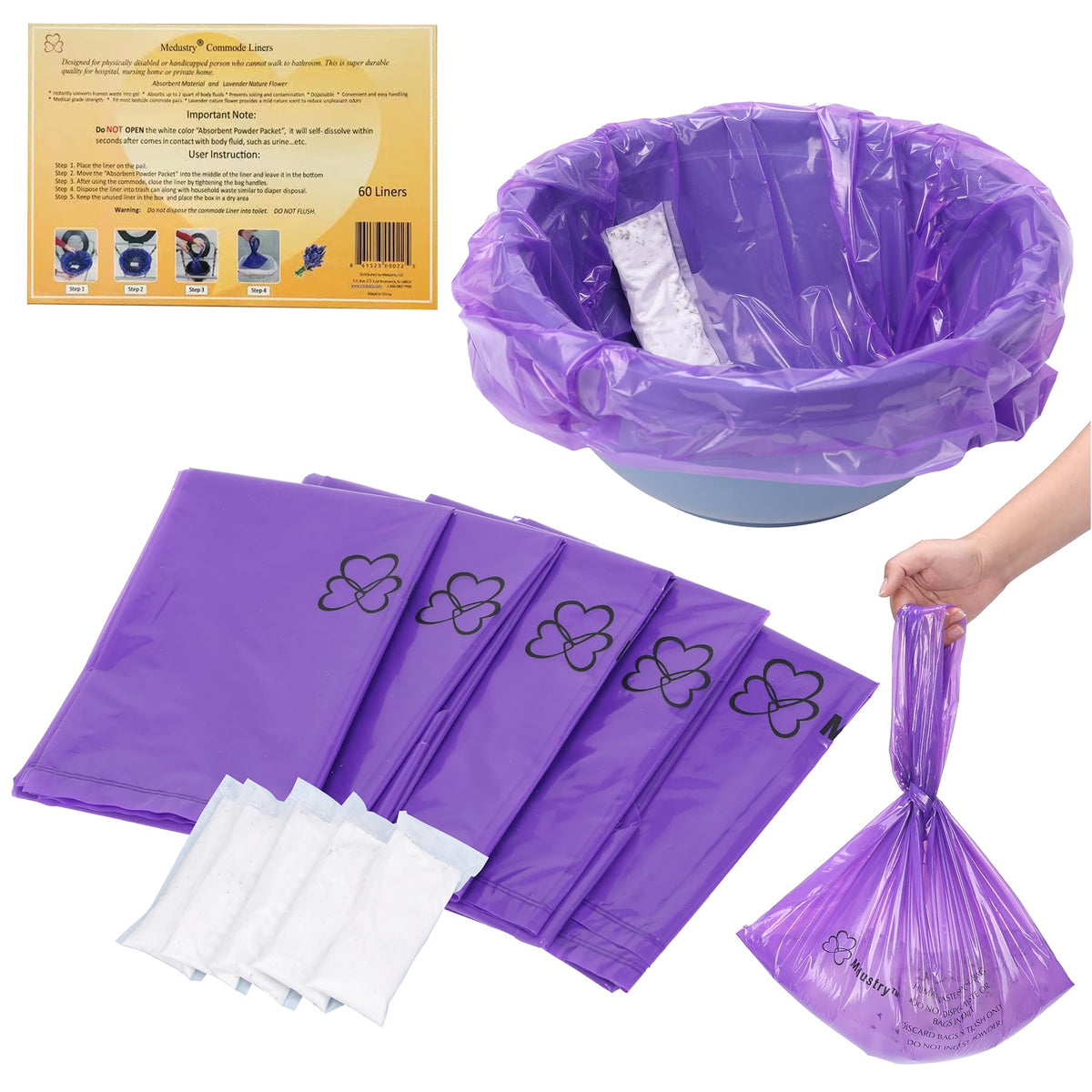Commode Liners 60 Pack with Absorbent Powder Packs V253