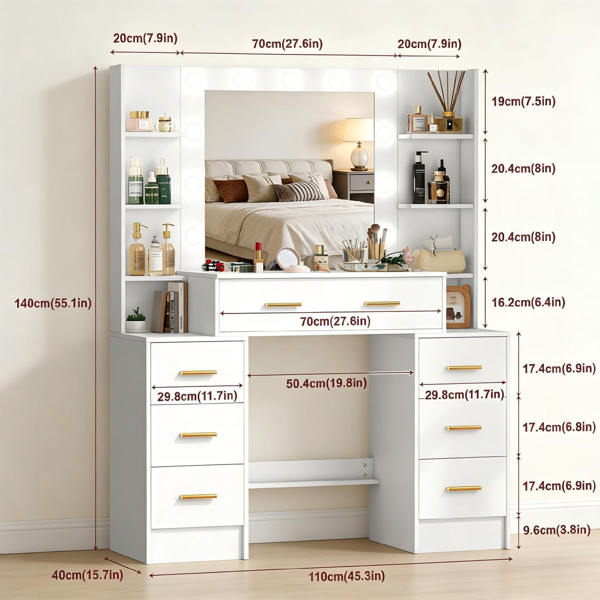 Makeup Vanity with Lights and Mirror, 7 Drawers, 6 Shelves, 10 Lights O55090