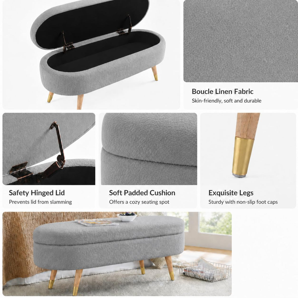 Oval Boucle Storage Ottoman with Wooden Legs B44781