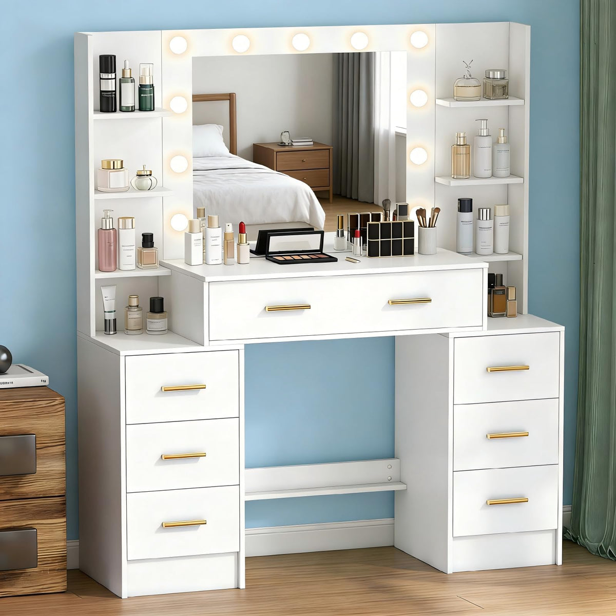 Makeup Vanity with Lights and Mirror, 7 Drawers, 6 Shelves, 10 Lights O55090