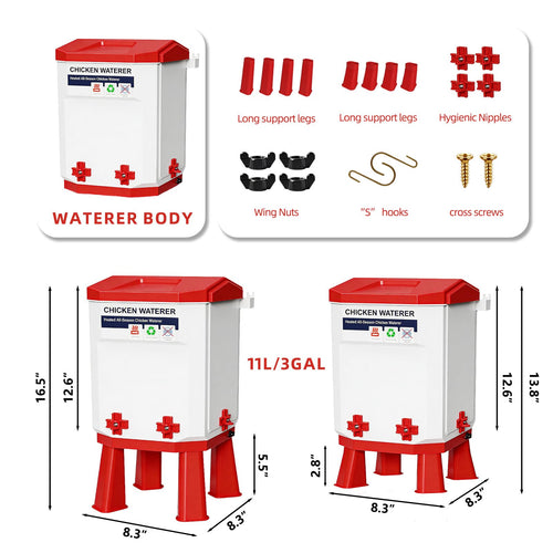3-Gallon Heated Chicken Waterer with Heater and 4 Nipples T340
