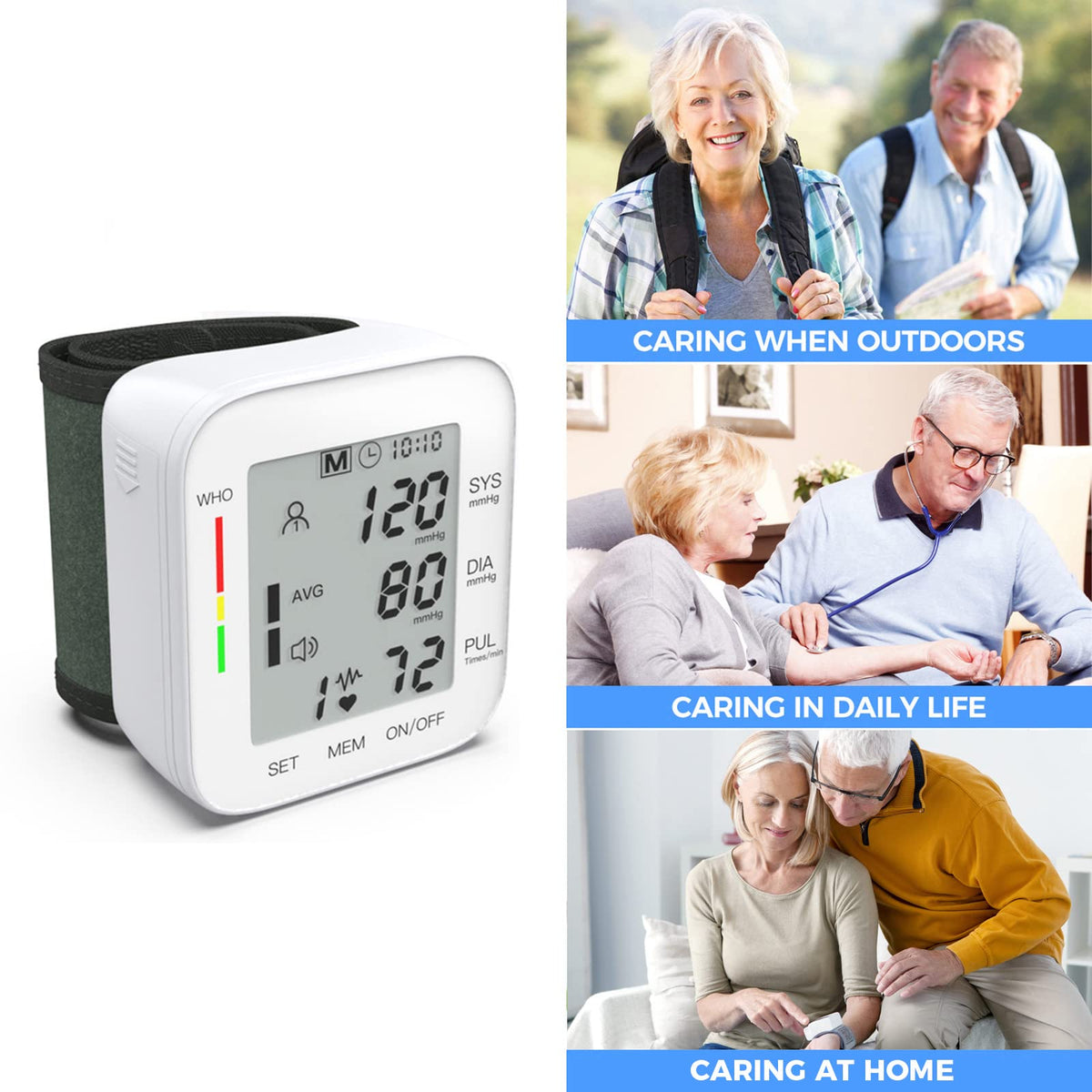 Wrist Blood Pressure Monitor Large LCD Display Adjustable Cuff 99x2 Sets Memory with Carrying Case White Pack of 5 O873