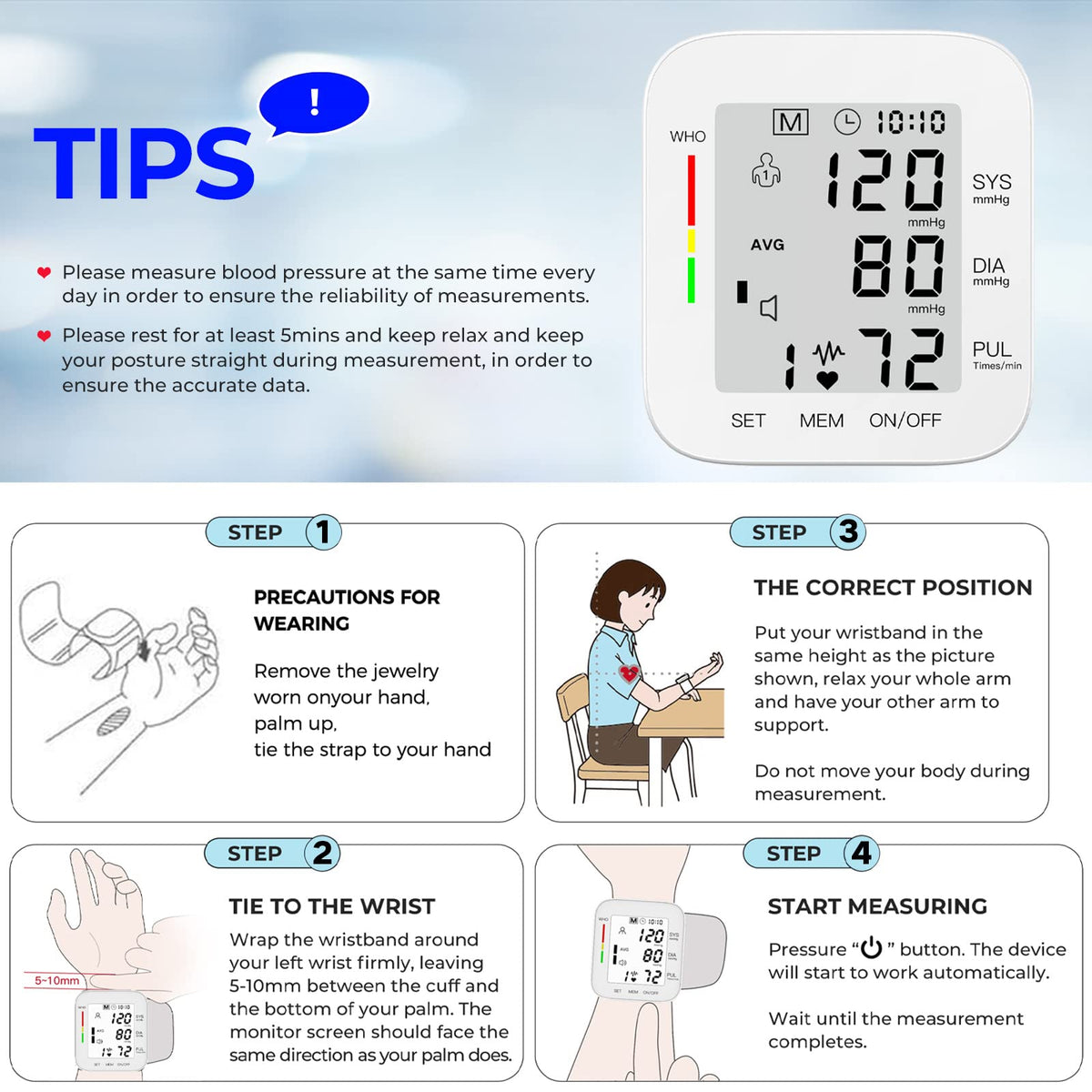 Wrist Blood Pressure Monitor Large LCD Display Adjustable Cuff 99x2 Sets Memory with Carrying Case White Pack of 5 O873