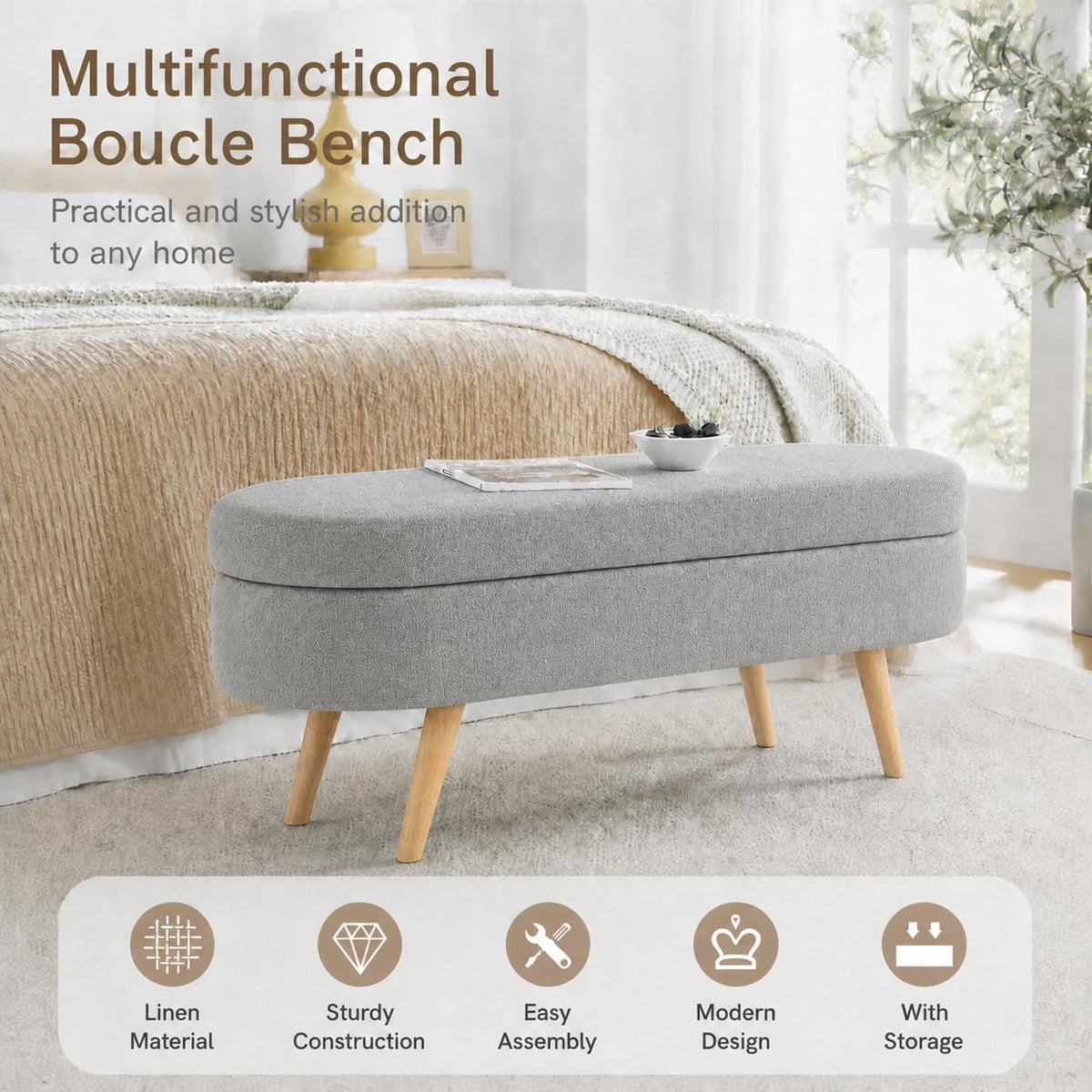 Oval Boucle Storage Ottoman with Wooden Legs B44781