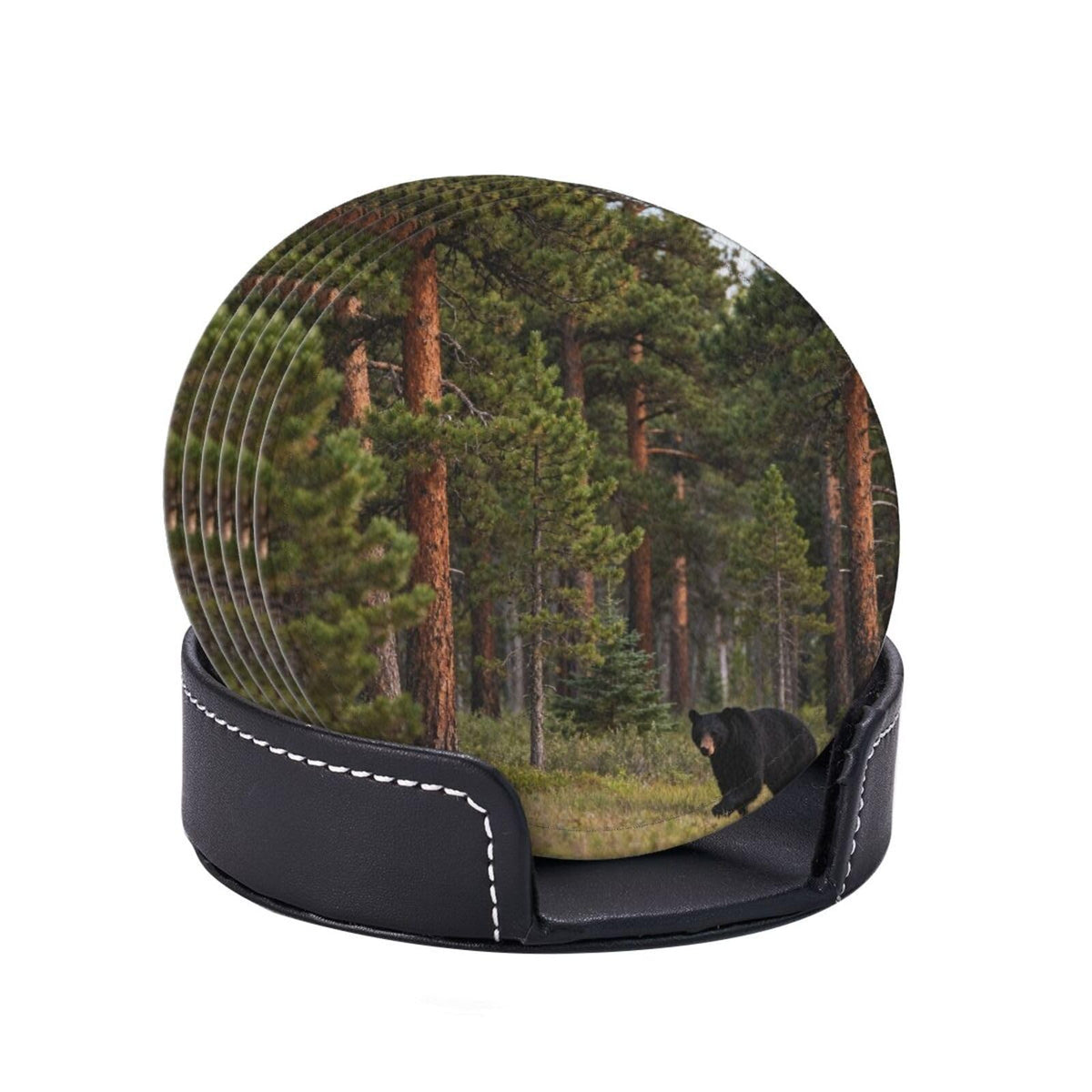 Black Bear Pattern Leather Coasters Set of 6 R2038