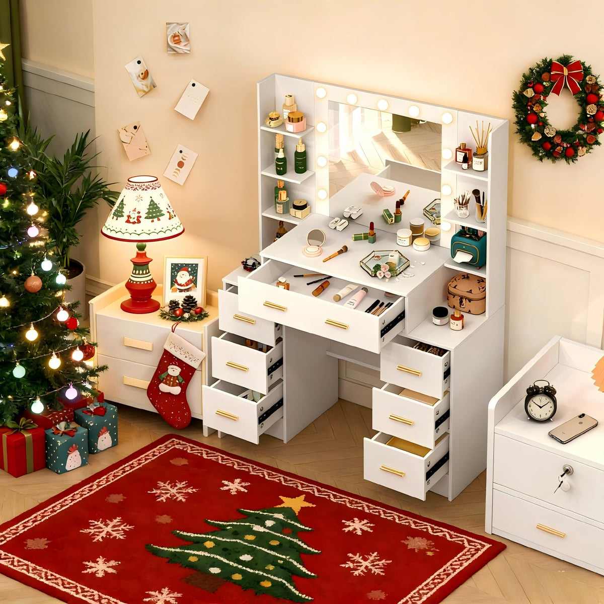 Makeup Vanity with Lights and Mirror, 7 Drawers, 6 Shelves, 10 Lights O55090