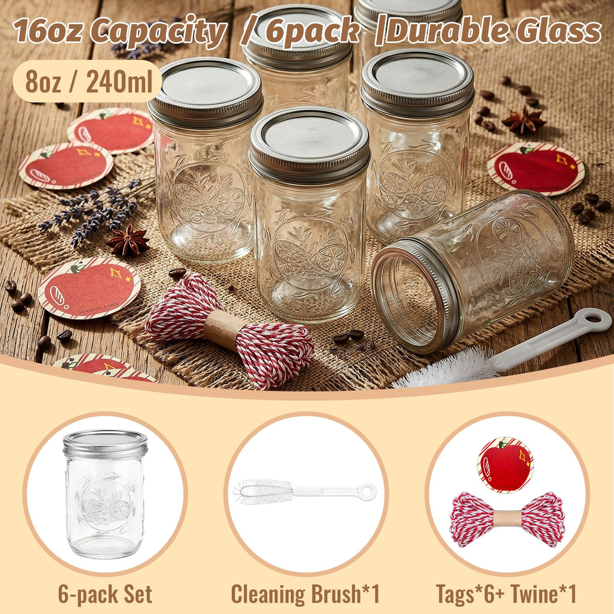 16 oz Wide Mouth Mason Jars 6-Pack with Lids J6301