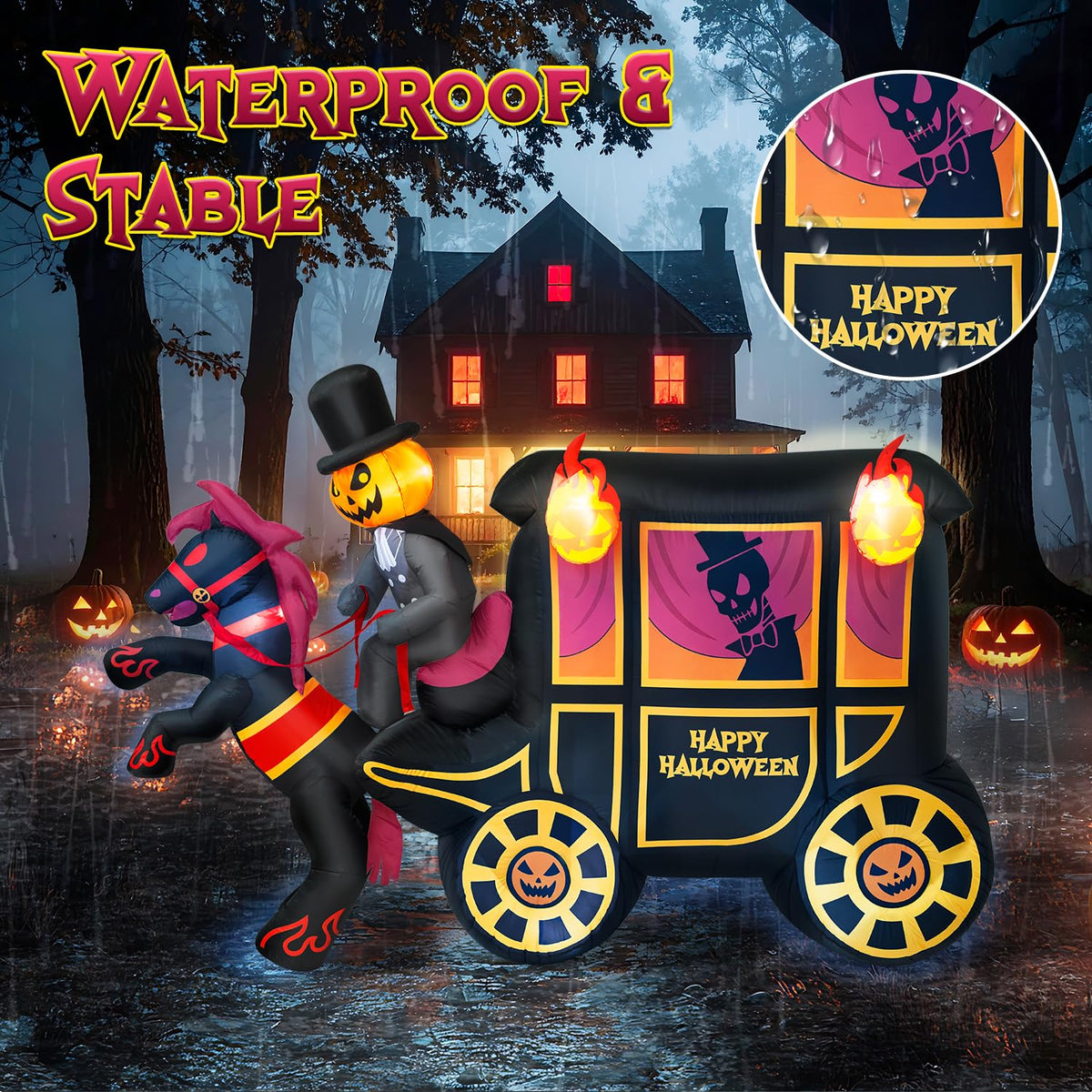 10FT Halloween Inflatable Pumpkin-Headed Horse Carriage with LED Light Y15837