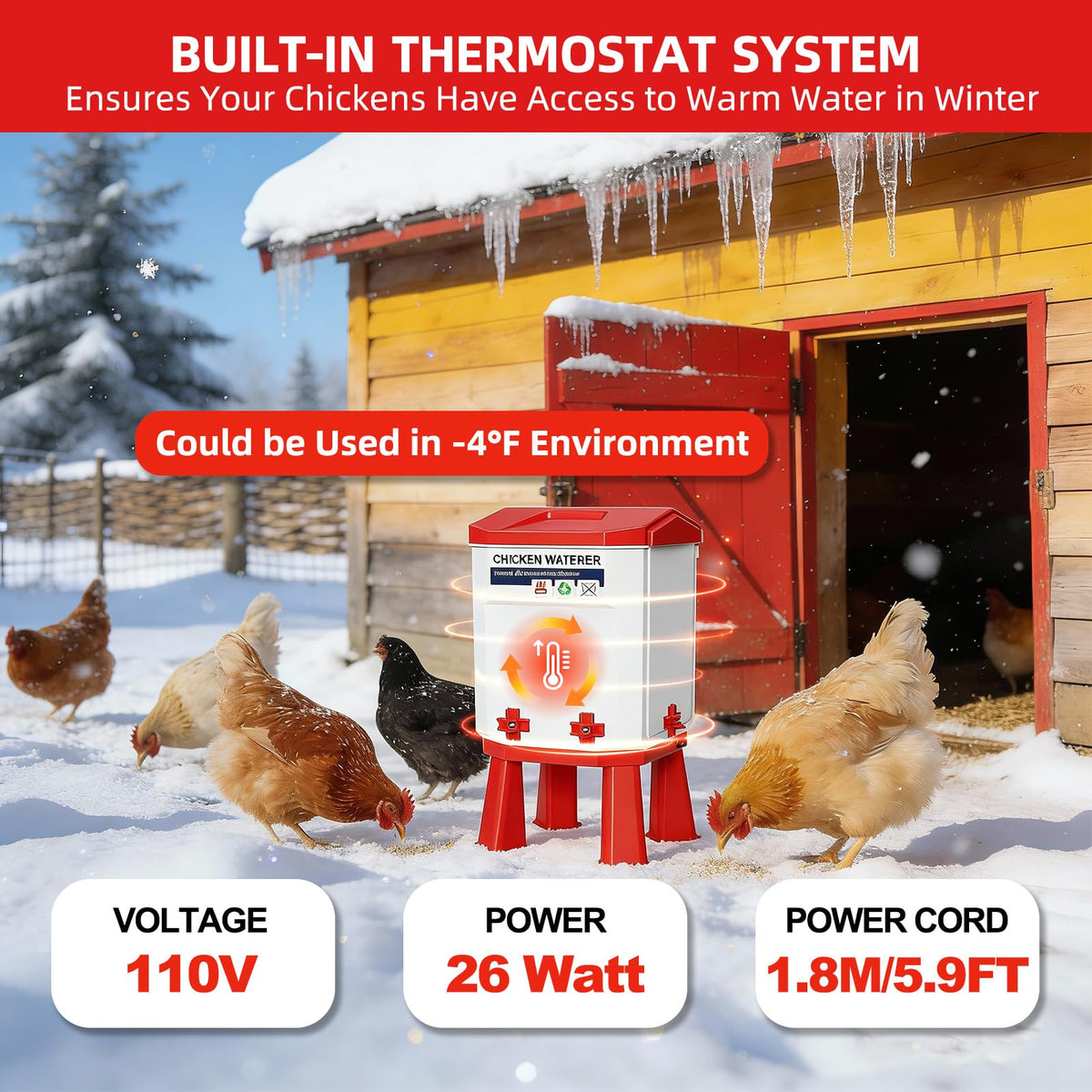 3-Gallon Heated Chicken Waterer with Heater and 4 Nipples T340