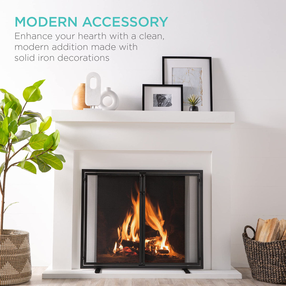 38.5x31in 2-Door Black Wrought Iron Fireplace Screen E5092