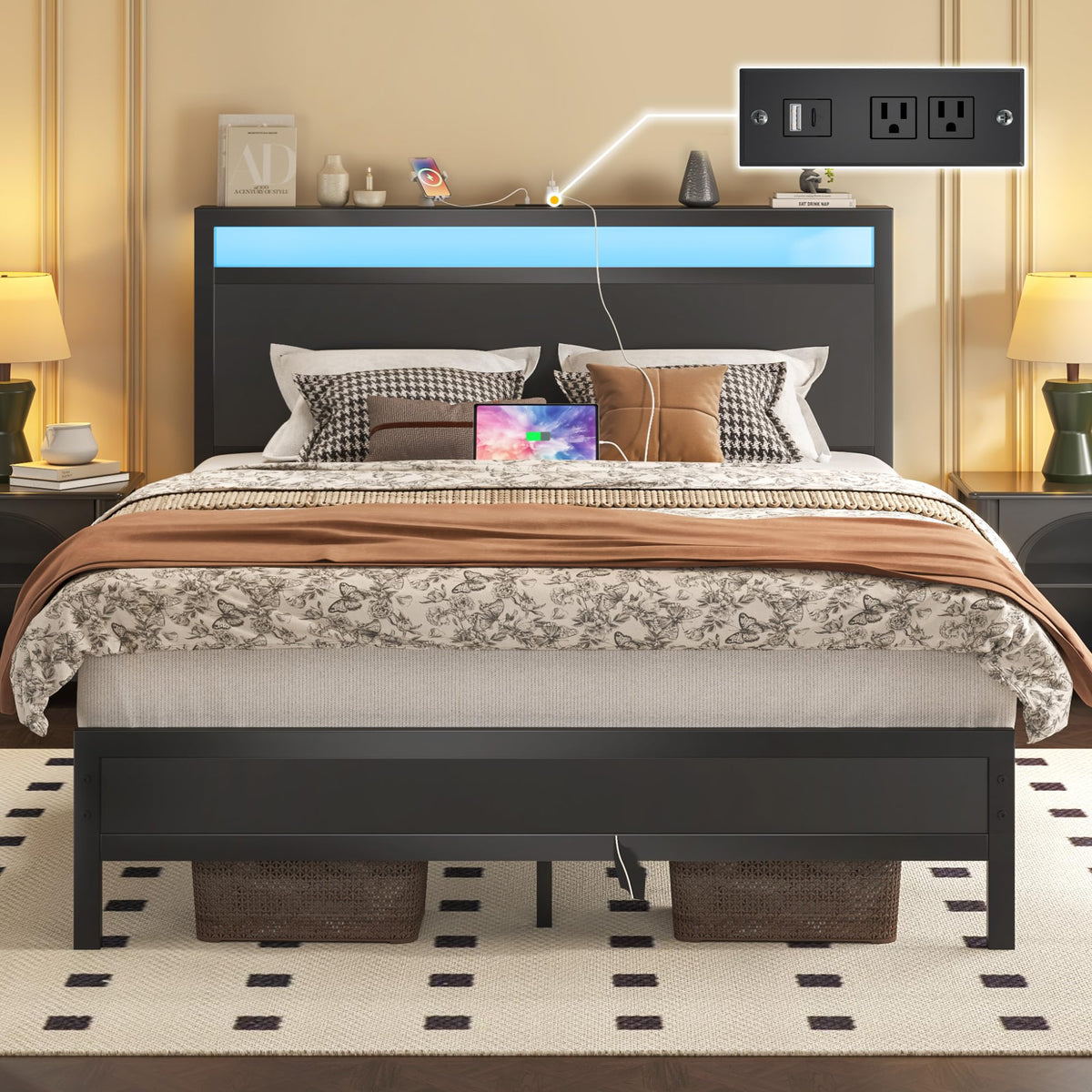 Full Bed Frame with Headboard, Footboard, Charging Station, LED Light, Storage Shelf, Black U744439