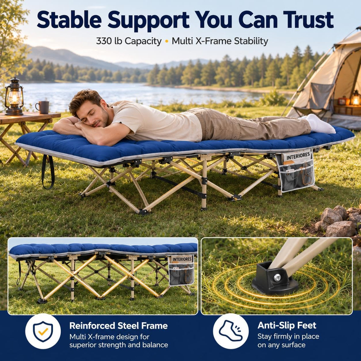 Folding Camping Cot with Thick Mat & Carry Bag I695
