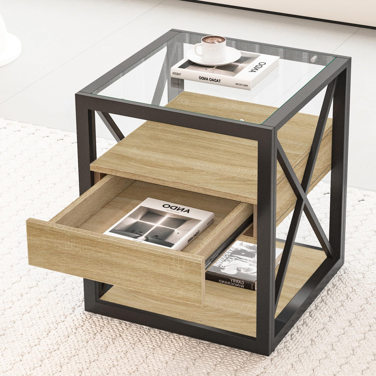 Brown Wood Glass Metal End Table Set of 2 C477