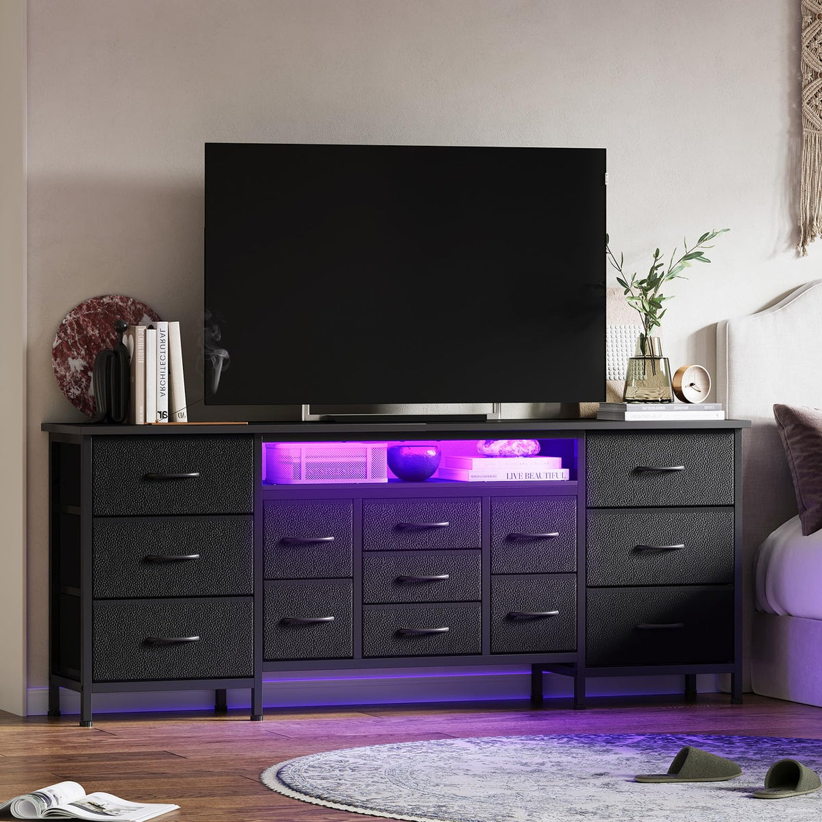 Black 13 Drawer Dresser TV Stand with LED Lights & Charging Station R55809