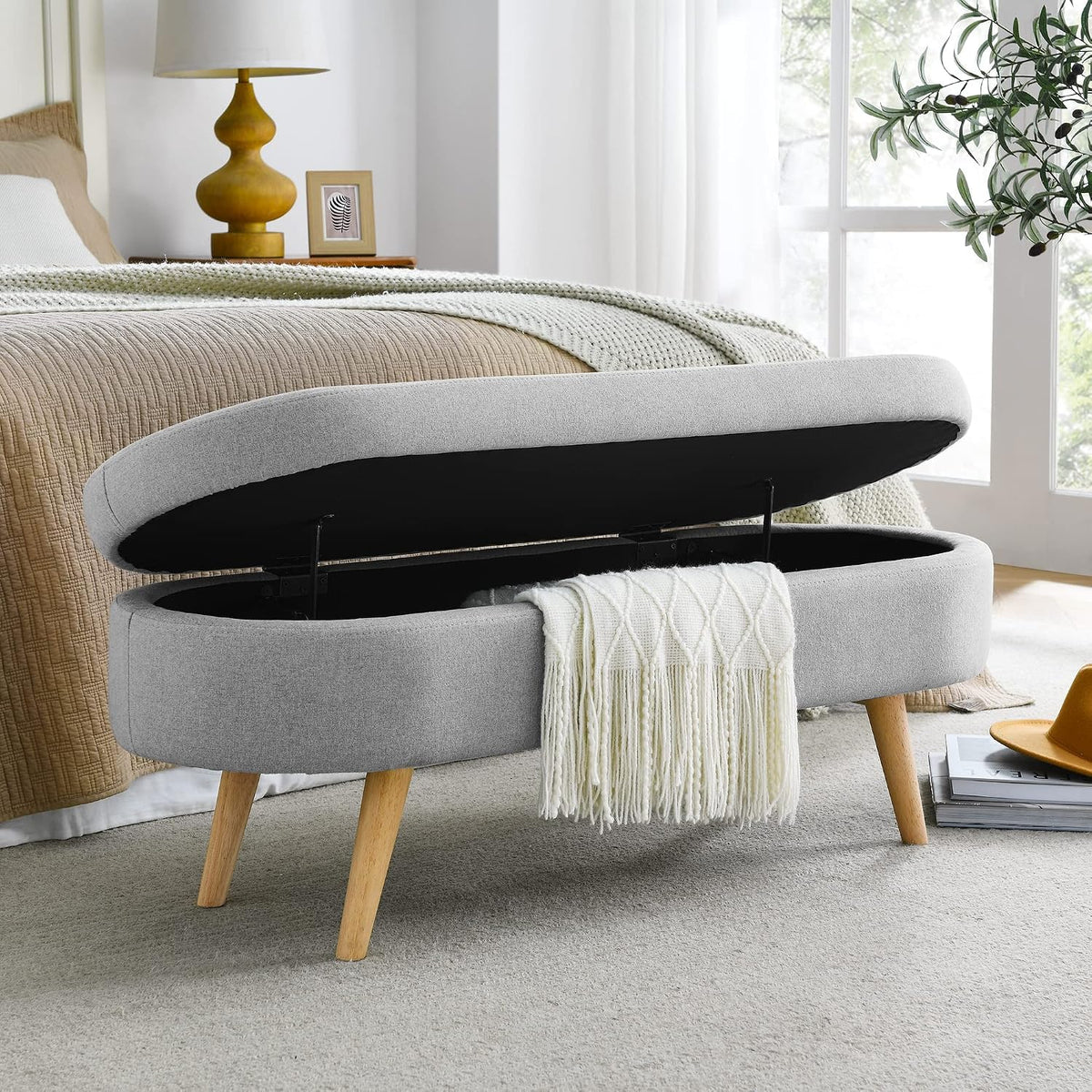 Oval Boucle Storage Ottoman with Wooden Legs B44781